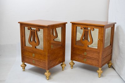 Lot 618 - Pair of burr maple veneer and mirrored drawing room cabinets