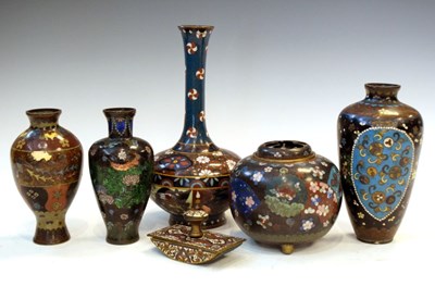 Lot 388 - Collection of cloisonne vases, blotter, etc., 25cm and smaller