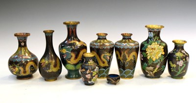 Lot 387 - Group of eight Japanese cloisonne vases (black)