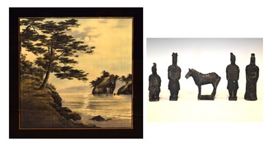 Lot 674 - Japanese silk picture,  together with a group of Chinese terracotta warriors