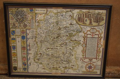 Lot 335 - John Speed, 17th Century hand-coloured engraved map of Wiltshire: Wilshire, circa 1610