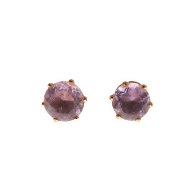 Lot 61 - Pair of unmarked drop earrings set amethyst-coloured stones, and a similar pair of ear studs