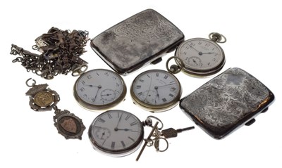 Lot 95 - Silver pocket watch, 3 base metal, charm bracelet, 2 cigarette cases, fobs