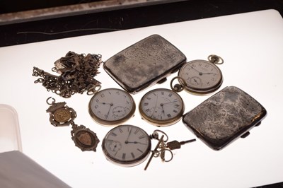 Lot 95 - Silver pocket watch, 3 base metal, charm bracelet, 2 cigarette cases, fobs