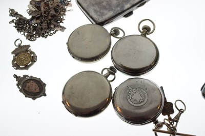 Lot 95 - Silver pocket watch, 3 base metal, charm bracelet, 2 cigarette cases, fobs