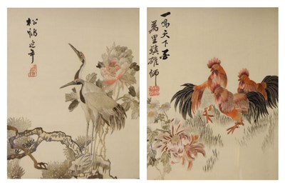 Lot 615 - Pair of Japanese silk pictures of birds