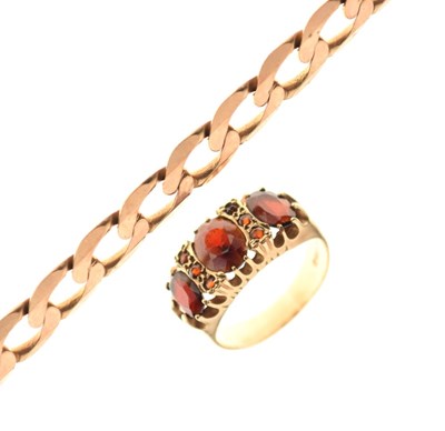 Lot 51 - 9ct gold curb link bracelet, and a 9ct gold dress ring set set three garnets