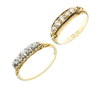 Lot 6 - Victorian 18ct gold ring set five old cut diamonds, size K½, and a similar 18ct gold ring
