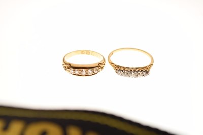 Lot 6 - Victorian 18ct gold ring set five old cut diamonds, size K½, and a similar 18ct gold ring