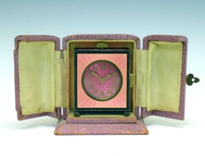 Lot 458 - Le Phare - Swiss Art Deco sterling silver and pink enamel boudoir clock