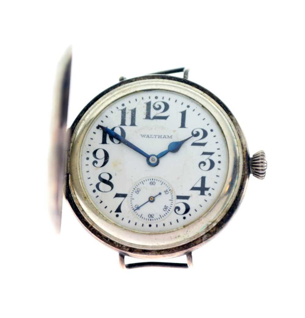 Lot 85 - Waltham - Sterling silver half-hunter type transitional wristwatch
