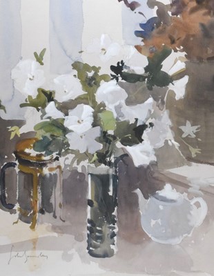 Lot 408 - John Yardley (b.1933) - Watercolour - 'Petunias & Cafetiere'