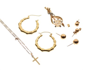 Lot 59 - 9ct gold floral brooch set freshwater pearls, a 9ct gold cross on chain, and three pairs of earrings