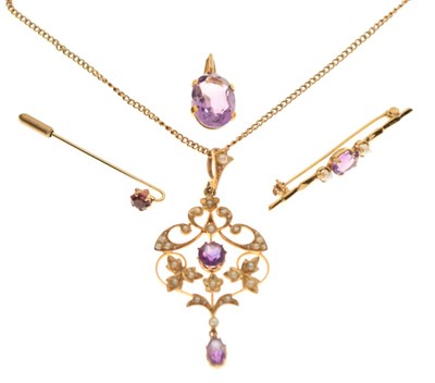 Lot 36 - Edwardian seed pearl and amethyst set pendant and curb chain, both indistinctly stamped