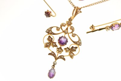 Lot 36 - Edwardian seed pearl and amethyst set pendant and curb chain, both indistinctly stamped