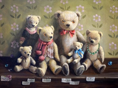 Lot 409 - Deborah Jones - Oil on canvas - Still life with teddy bears