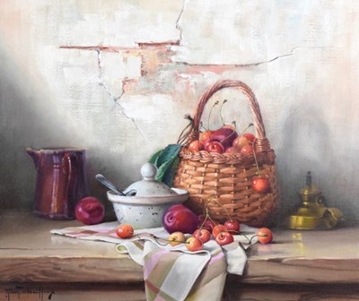 Lot 399 - Robert Chailloux (French, 1913-2006) - Oil on canvas - Still Life of a basket of cherries