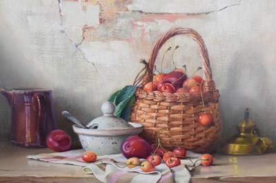 Lot 399 - Robert Chailloux (French, 1913-2006) - Oil on canvas - Still Life of a basket of cherries