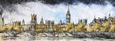 Lot 621 - R Folland - Oil on canvas - 'Thames at Westminster'