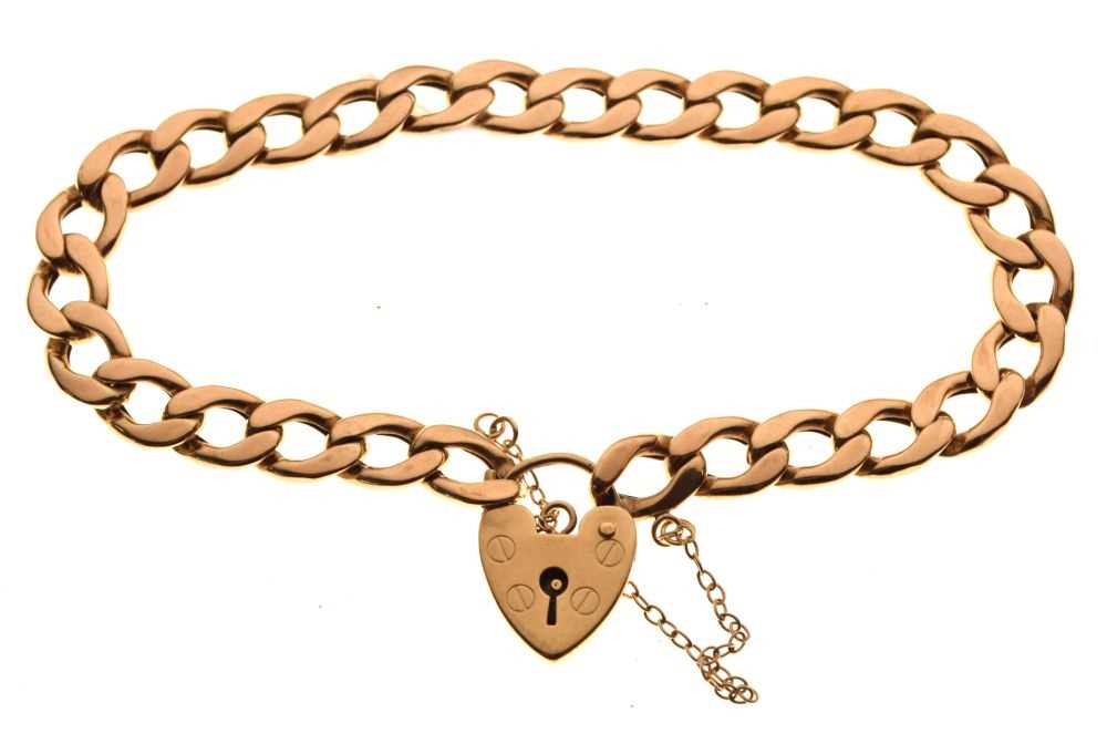 Lot 43 - Hollow curb-link charm bracelet with heart padlock, 9.3g