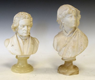 Lot 553 - 19th Century marble bust of lady with lace cap and shawl, and later bust of Beethoven