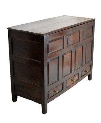 Lot 595 - 18th Century oak mule chest fitted three short drawers to base