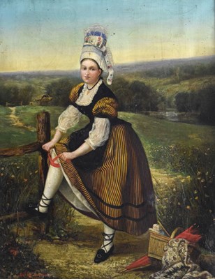 Lot 375 - L Gilbert - 19th Century oil on canvas - Continental woman in traditional dress