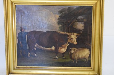 Lot 370 - Lucas Beattie (British, 19th Century) - Oil on canvas - Prize dairy shorthorn and sheep