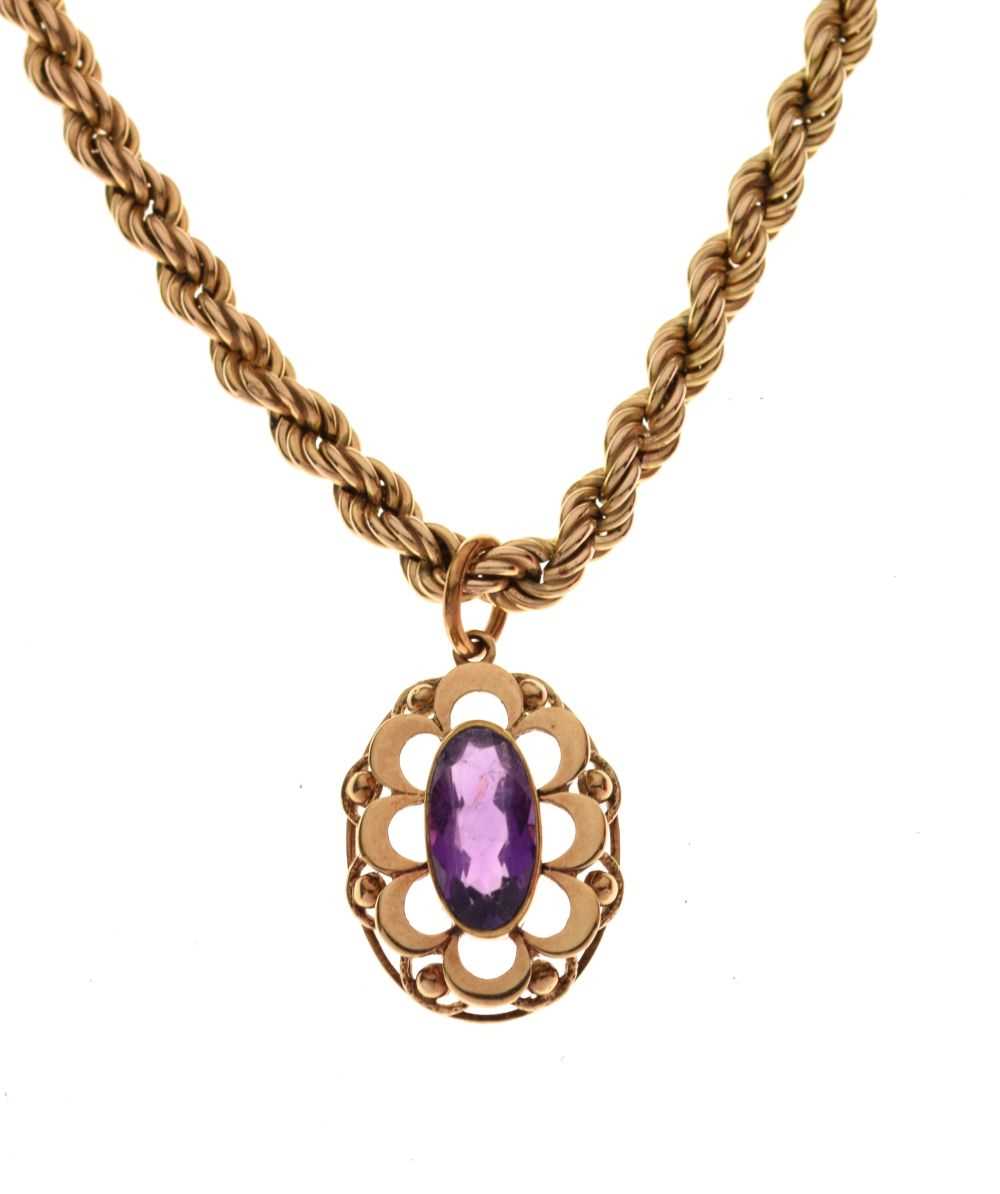 Lot 65 - 9ct gold rope-link necklace with amethyst