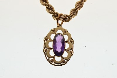 Lot 65 - 9ct gold rope-link necklace with amethyst