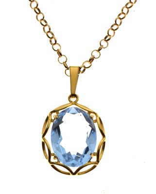 Lot 60 - 9ct gold belcher-link chain with large oval cut blue stone set pendant
