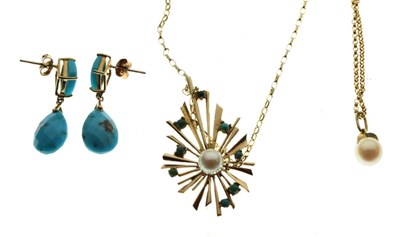Lot 50 - 9ct gold, pearl and turquoise 'sunburst' pendant