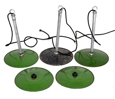 Lot 603 - Set of four vintage green enamel ceiling light shades