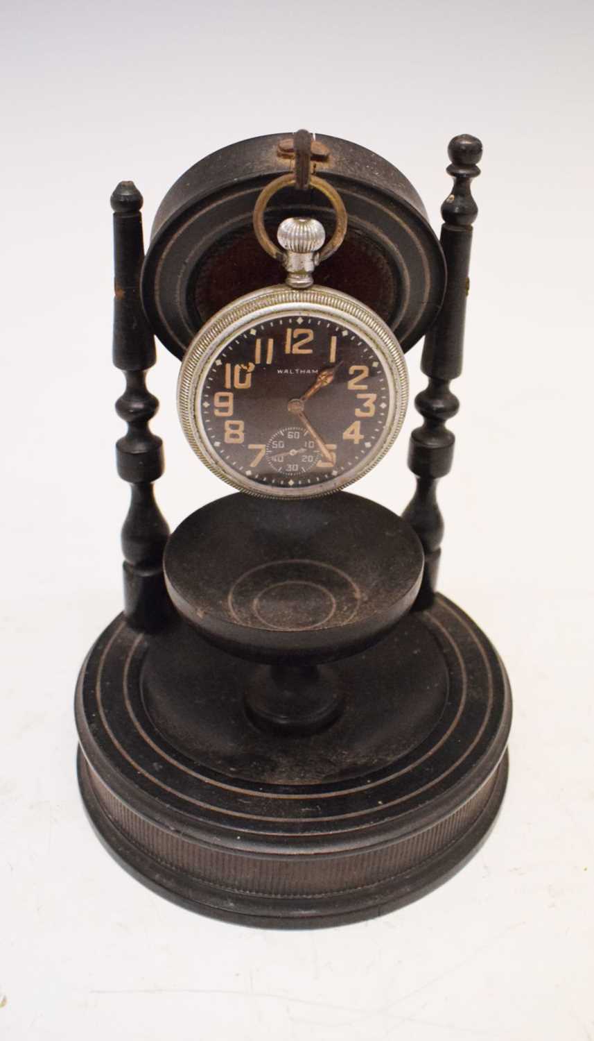 Lot 94 - Waltham 16s black dial pocket watch and watch holder