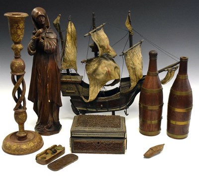 Lot 204 - Wooden model Spanish-style three masted galleon and sundry wooden wares