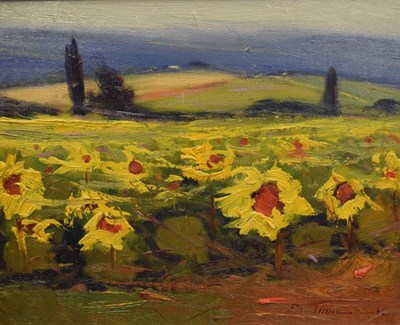 Lot 625 - Bruno Tinucci (b.1947) - Oil on canvas - Tuscan landscape with sunflowers