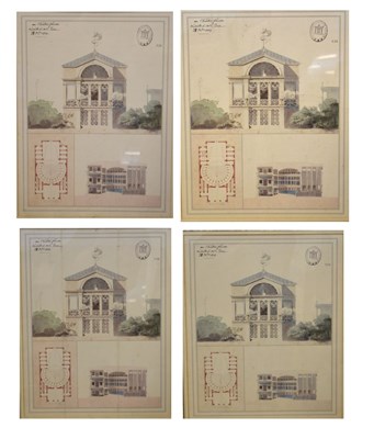 Lot 580 - Four French architectural prints in burrwood frames