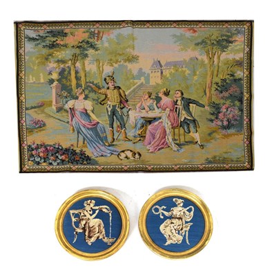 Lot 731 - Two machine woven tapestries, and pair of circular needlepoint panels (4)