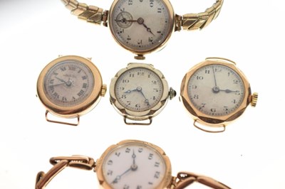 Lot 114 - Five lady's 9ct gold watch heads