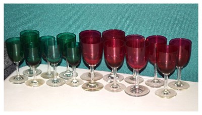 Lot 289 - Nine cranberry-bowl wine glasses and seven emerald green