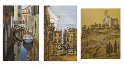 Lot 680 - Richard Beer, (1928-2017) -  Two prints; Venice and Volterra, and a Graham Bannister print of Venice