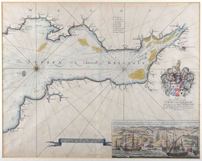 Lot 332 - Maps - Captain Greenville Collins, - Late 17th Century hand coloured engraved chart of the Bristol Channel