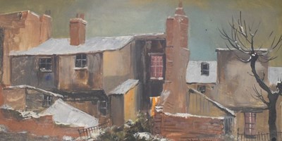 Lot 510 - Deborah Jones (1921-2012) - Oil on board - Rear View Street Scene