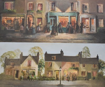 Lot 512 - Deborah Jones (1921-2012) - Two oils on board - Street scenes with houses and shops