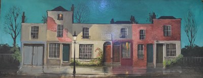 Lot 509 - Deborah Jones (1921-2012) - Oil on board - S.A.Butt Chimney Sweep street scene