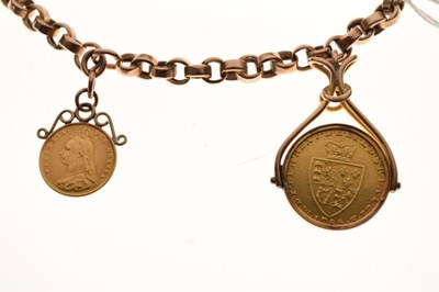 Lot 58 - Unmarked yellow metal watch Albert chain with half sovereign and spade guinea