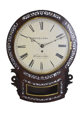 Lot 446 - Mid 19th Century inlaid rosewood drop dial single fusee wall clock, Gregory, Gloucester