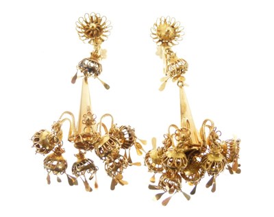 Lot 28 - Pair of Indian-style yellow metal drop earrings