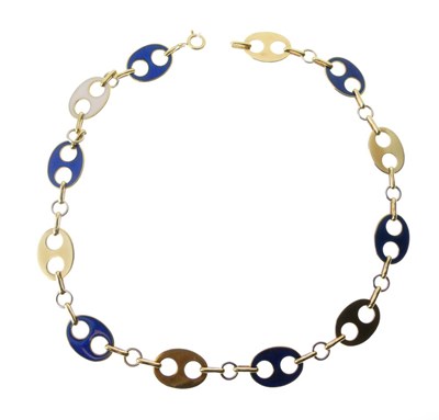 Lot 26 - Yellow metal necklace with alternating blue and white enamel oval links
