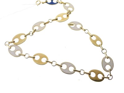 Lot 26 - Yellow metal necklace with alternating blue and white enamel oval links